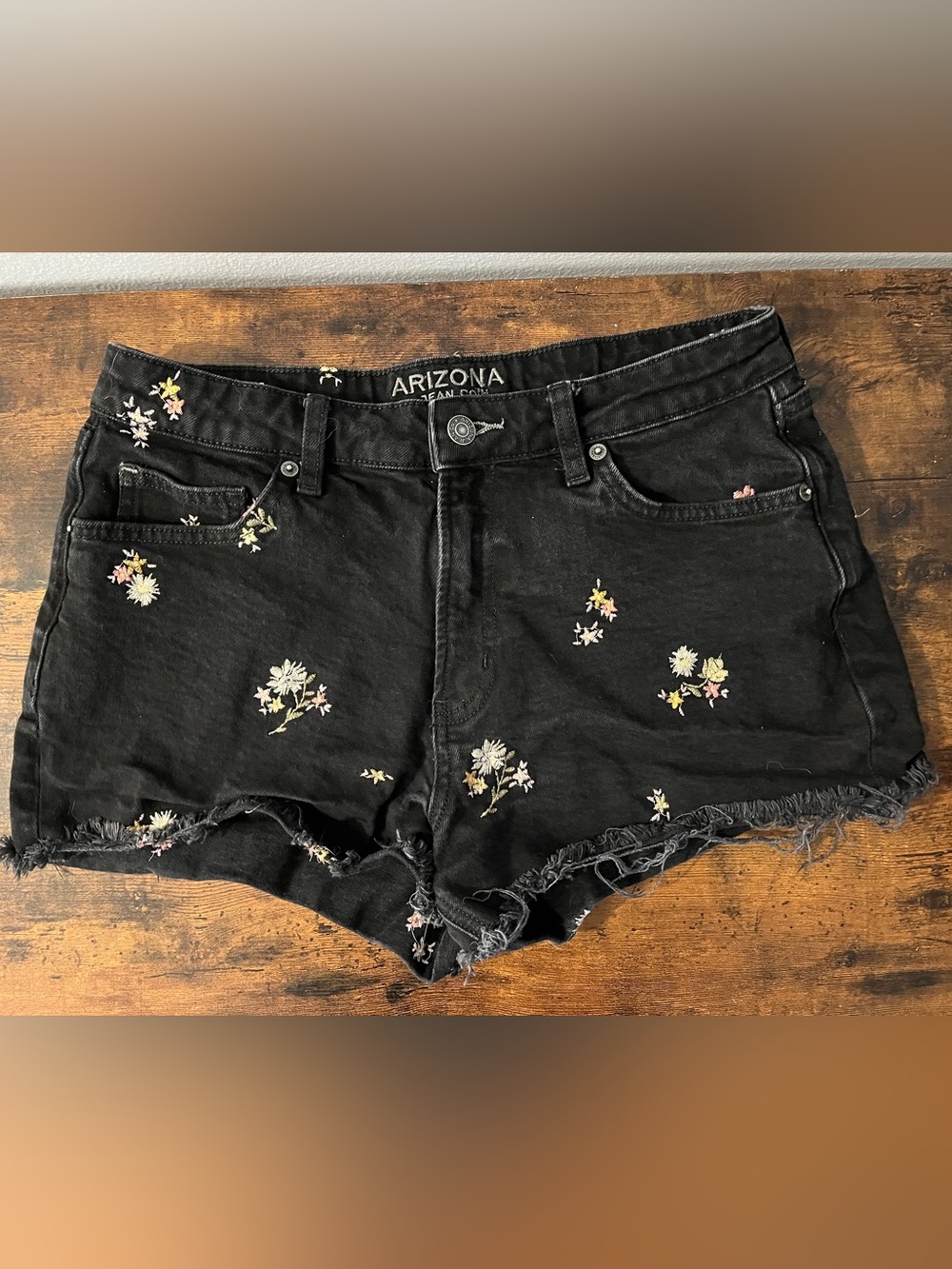 Arizona Jean Company Black Denim Floral Embroidered Cutoff Shorts
